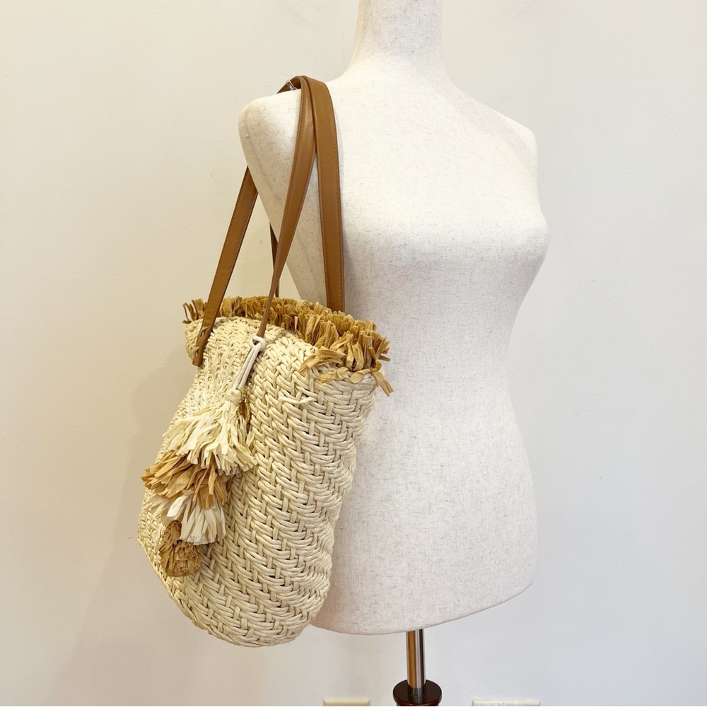 Spartina 449 Bag Womens Straw Fringe Tote Palmetto Leather Straps Beach Resort - Picture 2 of 16